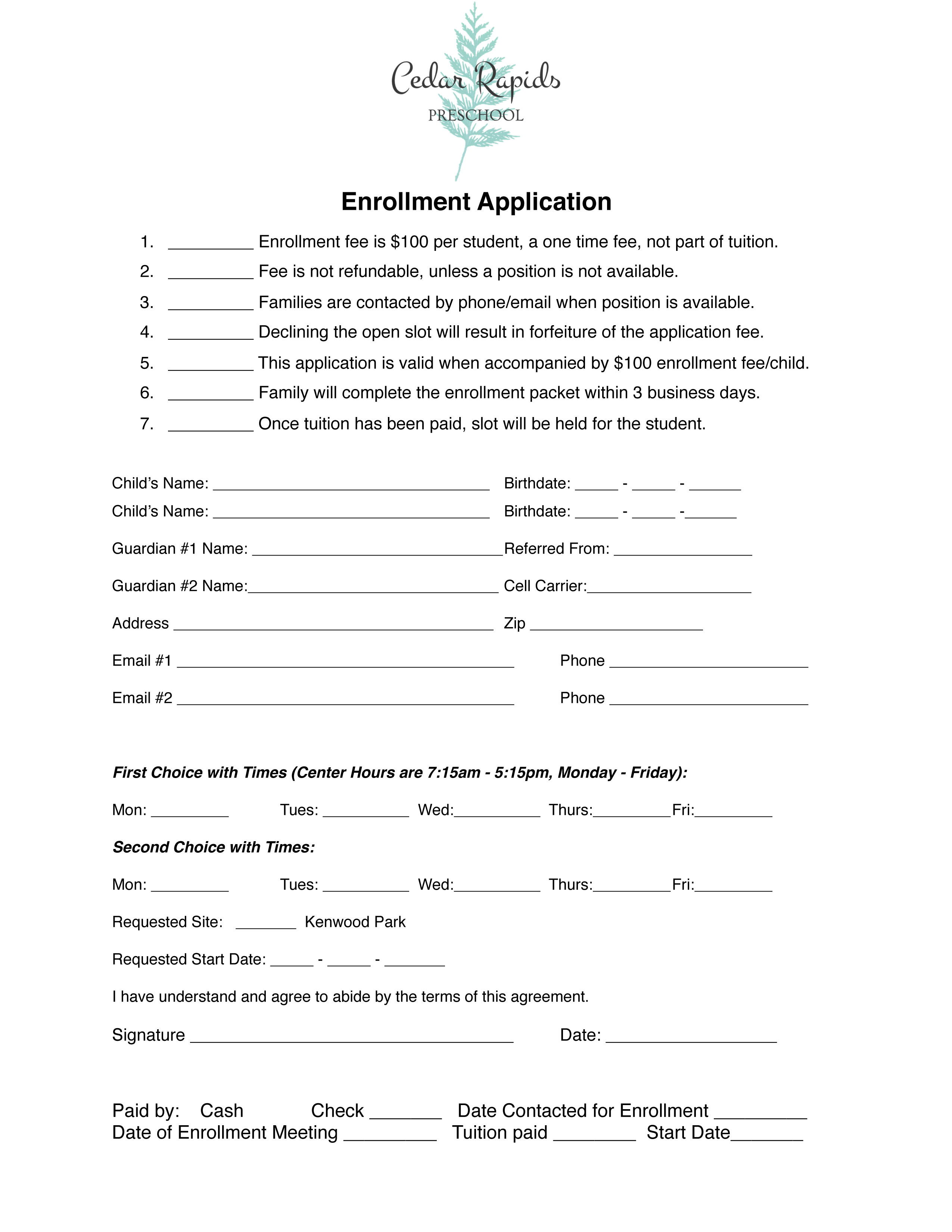 Cedar Rapids Preschool Application
